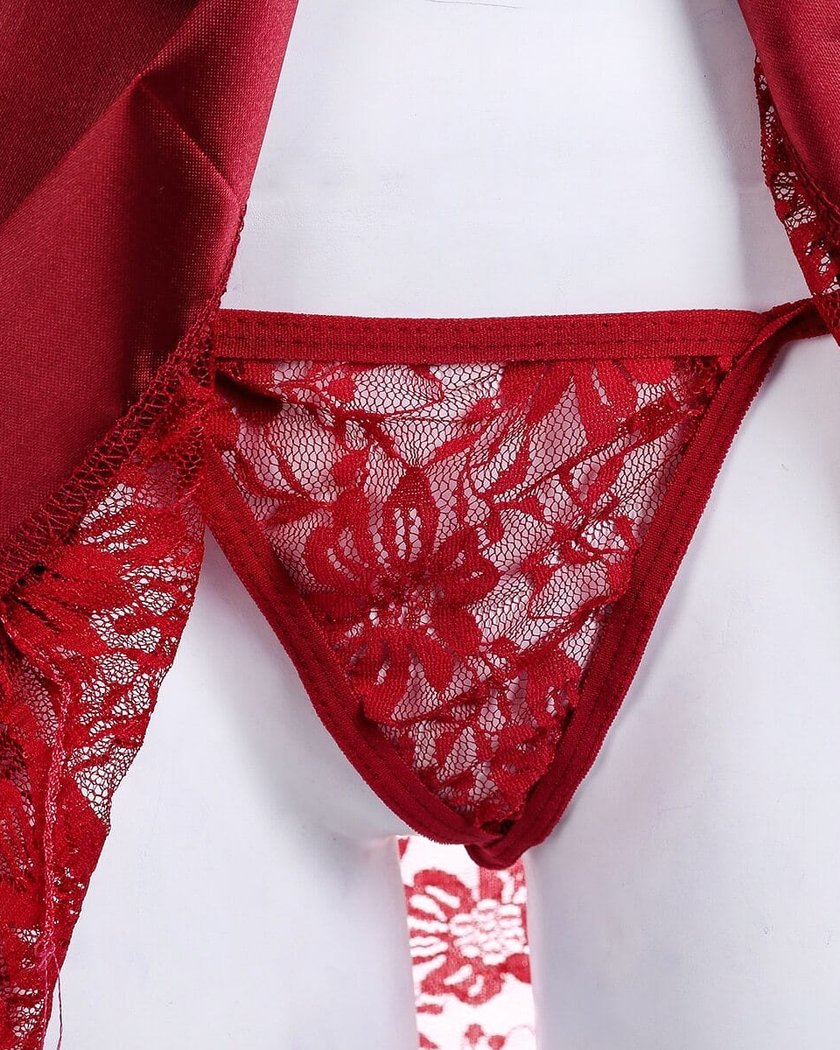 Nuisette Kimono Court en Dentelle Rouge Transparente