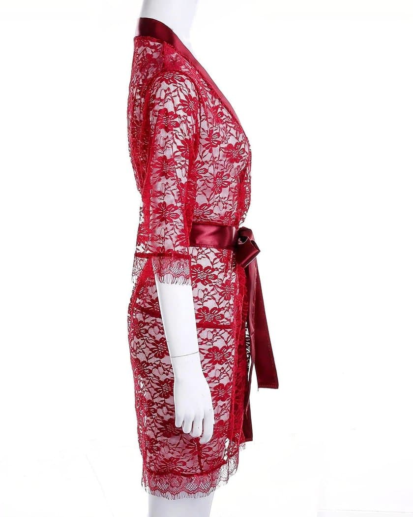Nuisette Kimono Court en Dentelle Rouge Transparente