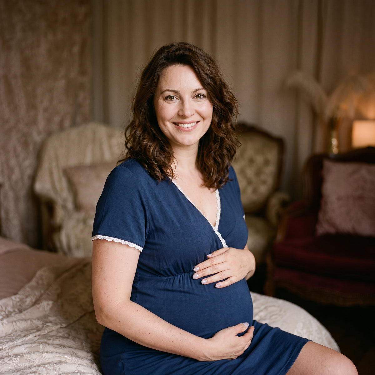 Femme enceinte dans la nuisette bleu nuit, belle dans son corps qui change