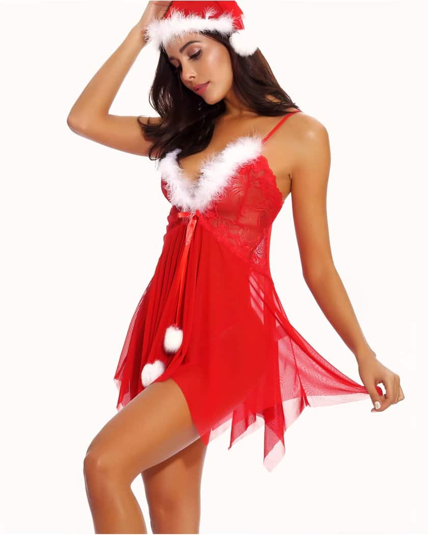 Nuisette de Noël rouge asymétrique avec bonnet