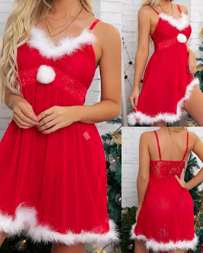 Nuisette de Noël rouge à fourrure et dentelle