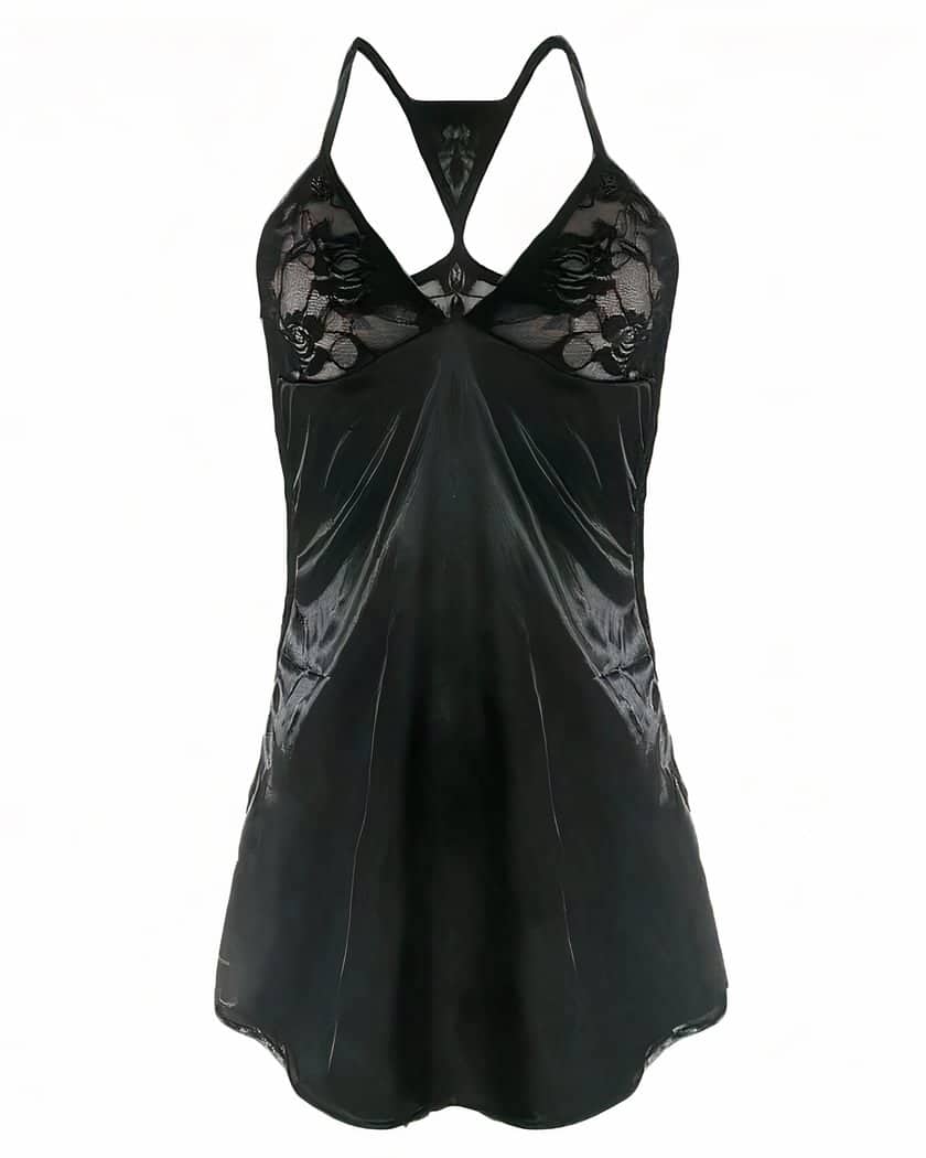 Nuisette satin noir et dentelle transparente