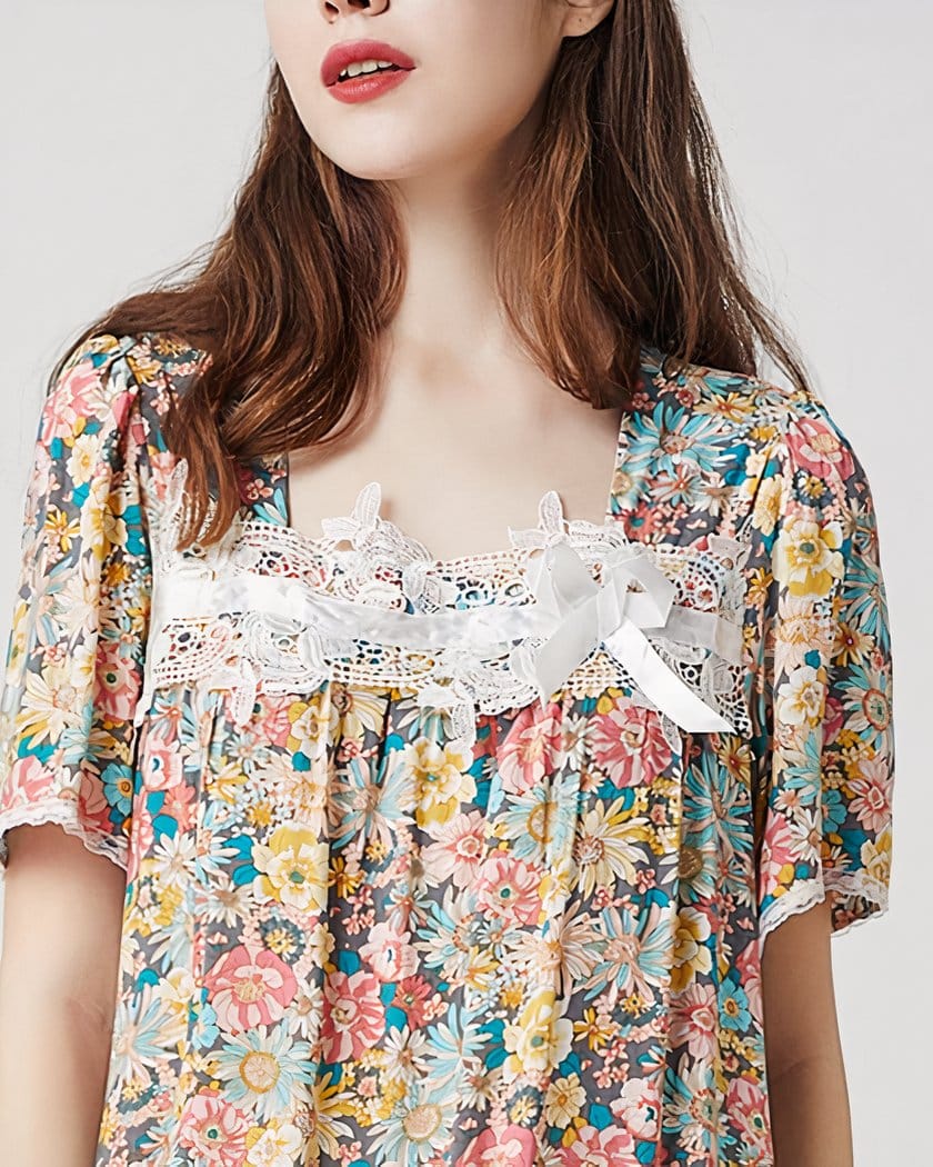 Chemise de Nuit Longue en Coton Fleuri Vintage