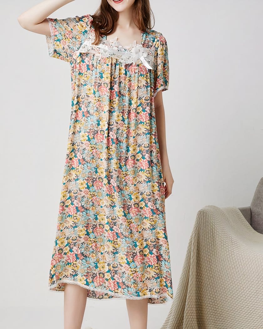 Chemise de Nuit Longue en Coton Fleuri Vintage