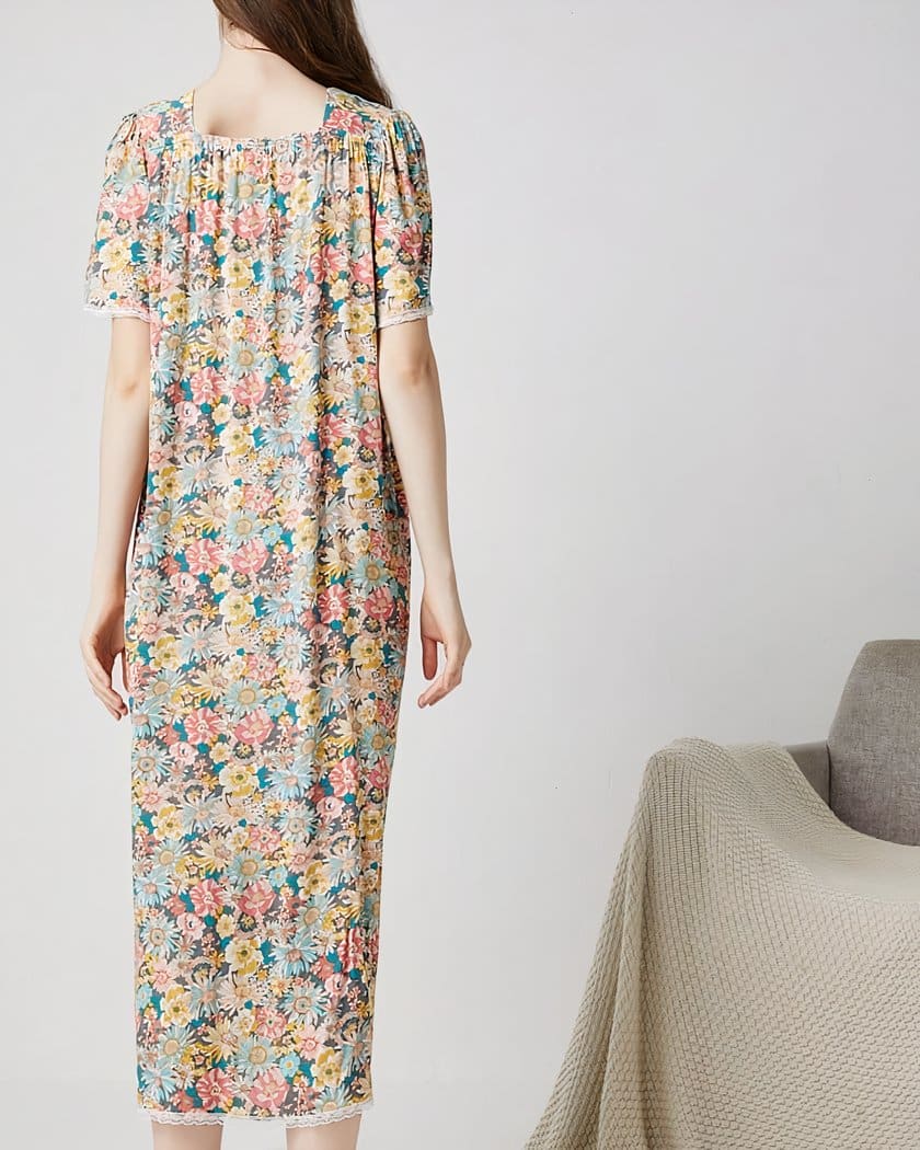 Chemise de Nuit Longue en Coton Fleuri Vintage