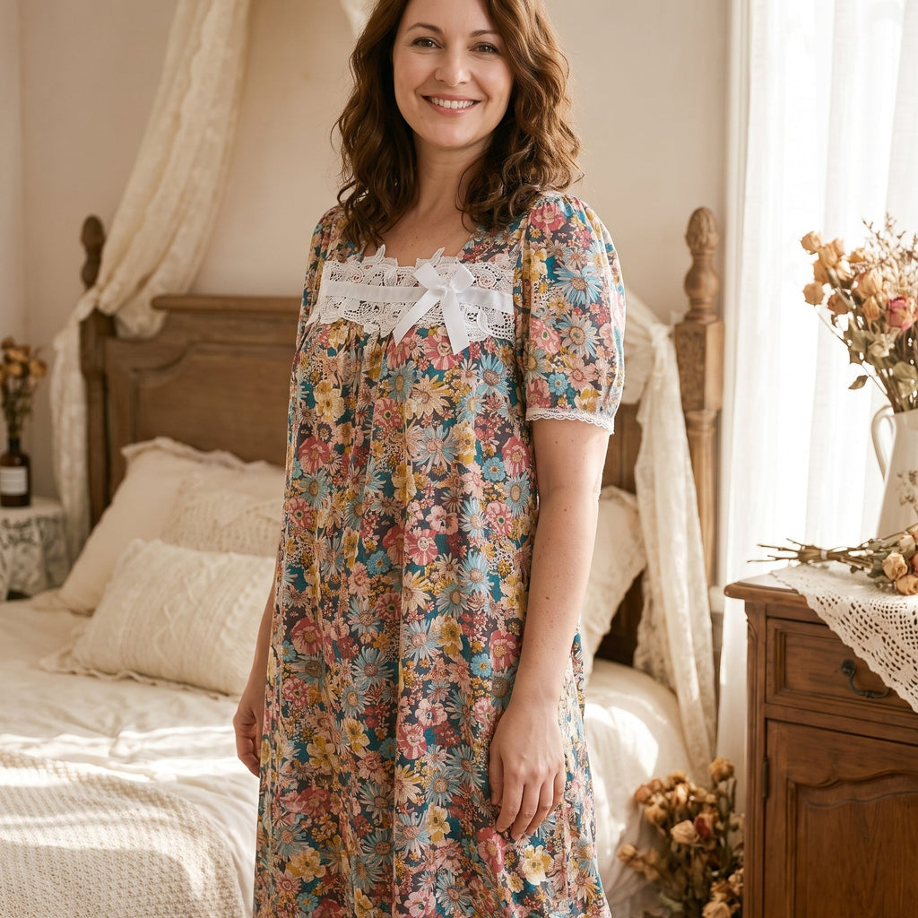 La douceur romantique du coton fleuri — Chemise de Nuit Longue en Coton Fleuri Vintage