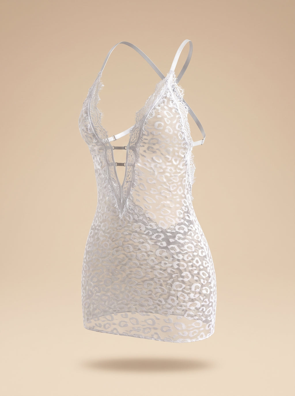 Nuisette en dentelle motif leopard blanc portee sur mannequin invisible, vue de face