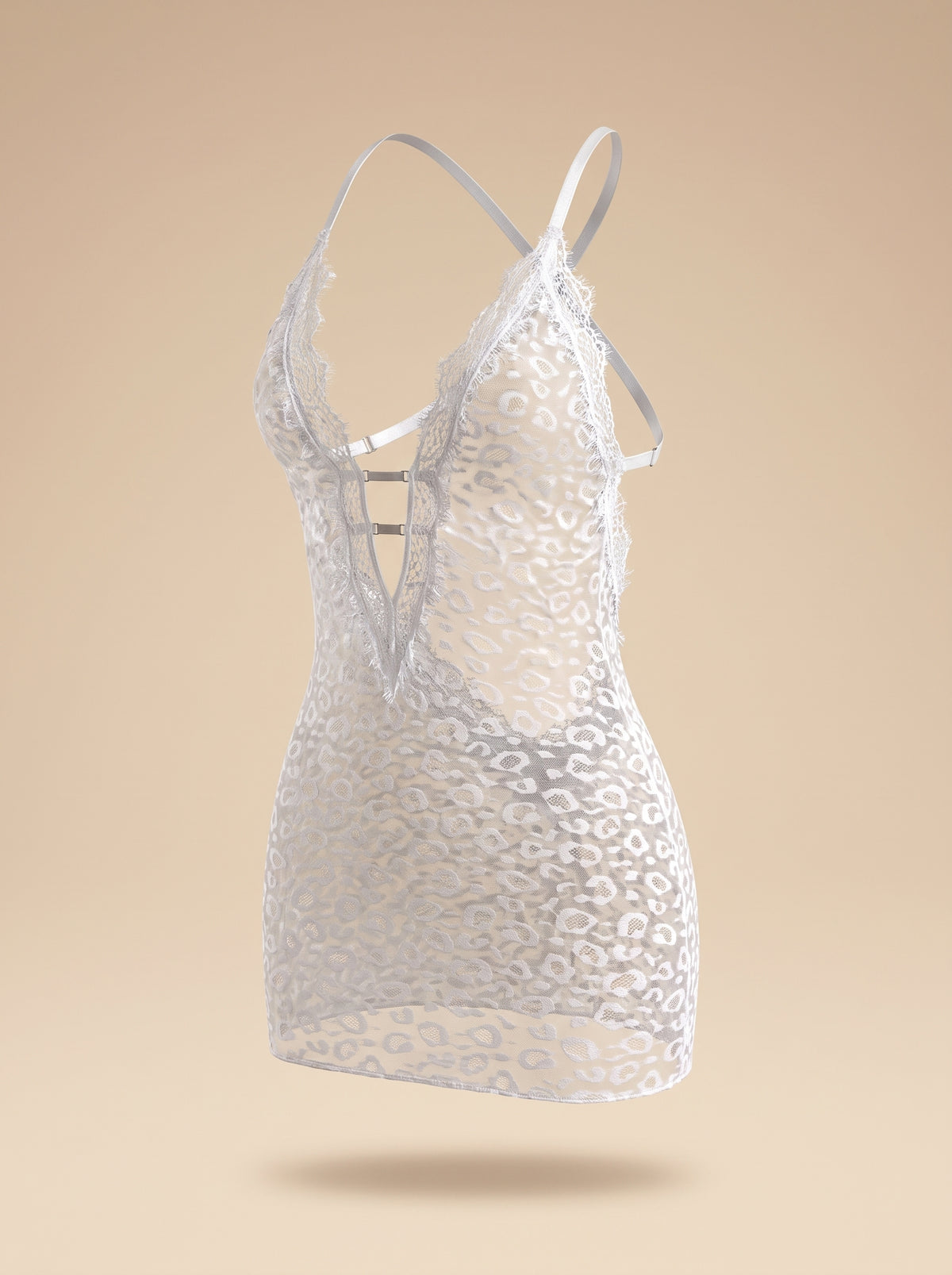 Nuisette en dentelle motif leopard blanc portee sur mannequin invisible, vue de face