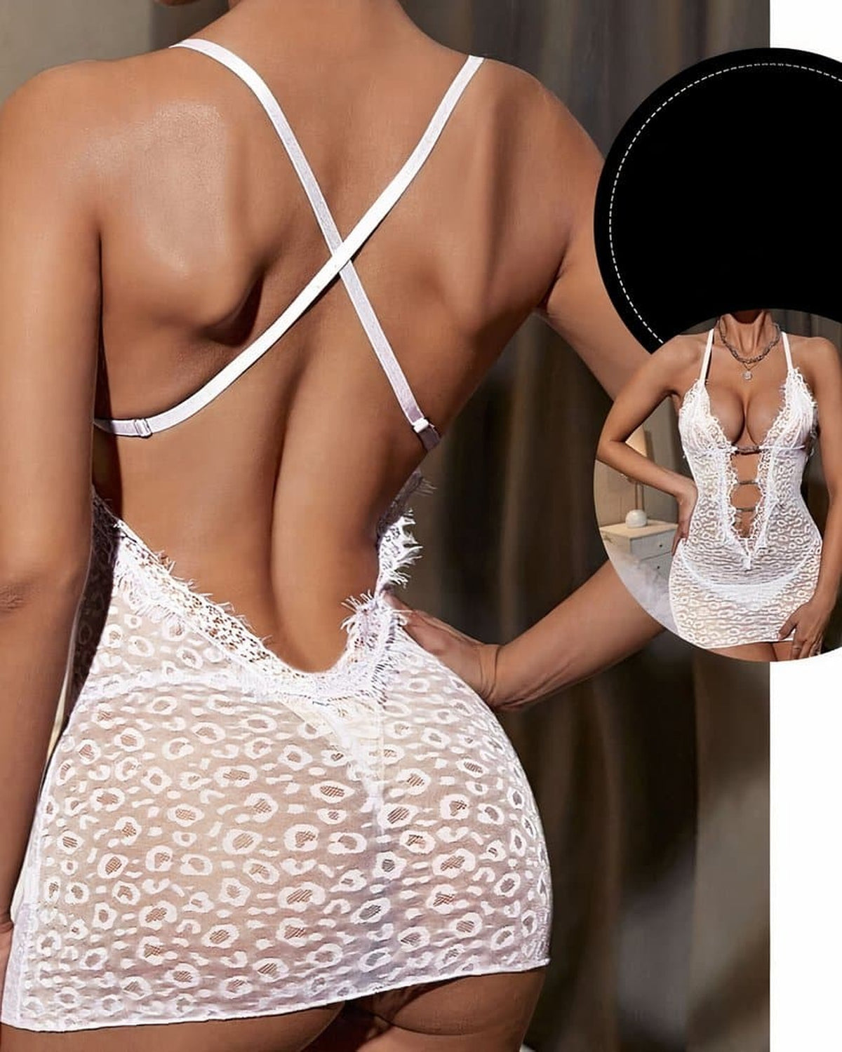 Nuisette en dentelle motif leopard blanc, vue de face et de dos