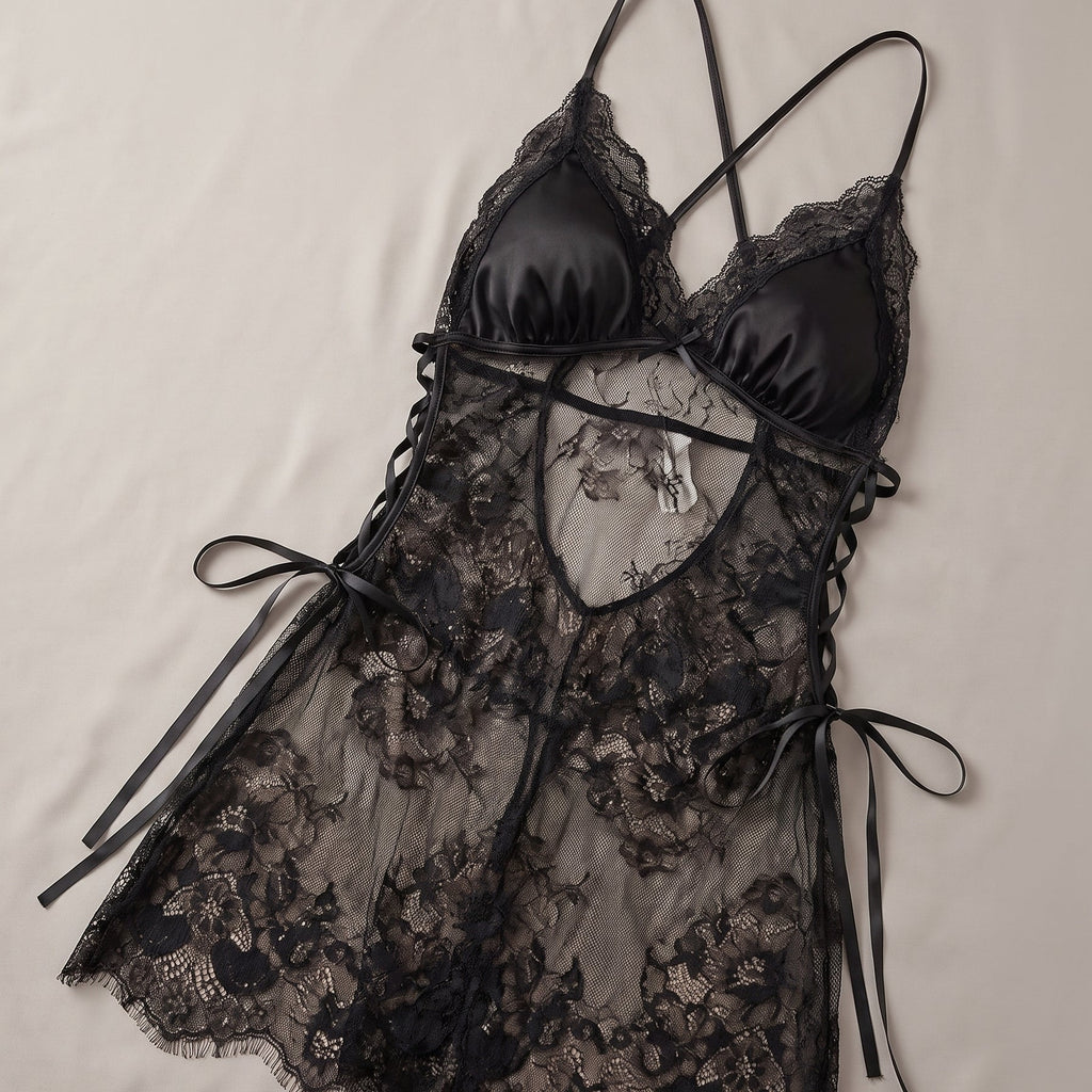 Le satin et la dentelle noire — Nuisette Babydoll Noire en Satin et Dentelle Fendue