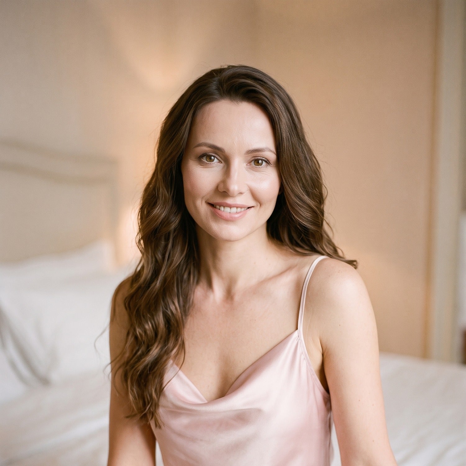 Décolleté drapé de la nuisette en satin rose, détail du tombé sur la poitrine Image