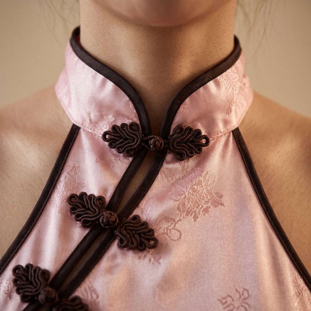 Col mandarin et boutons chinois de la nuisette en satin rose, gros plan macro
