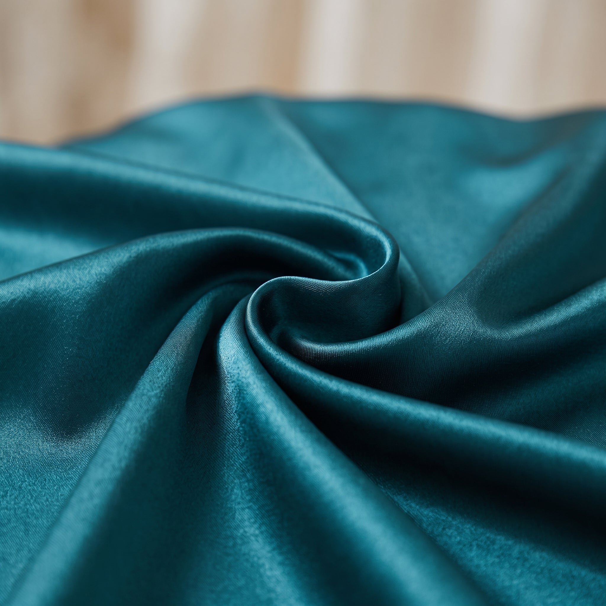 Macro sur la texture du satin vert canard, reflets soyeux et plis fluides Image