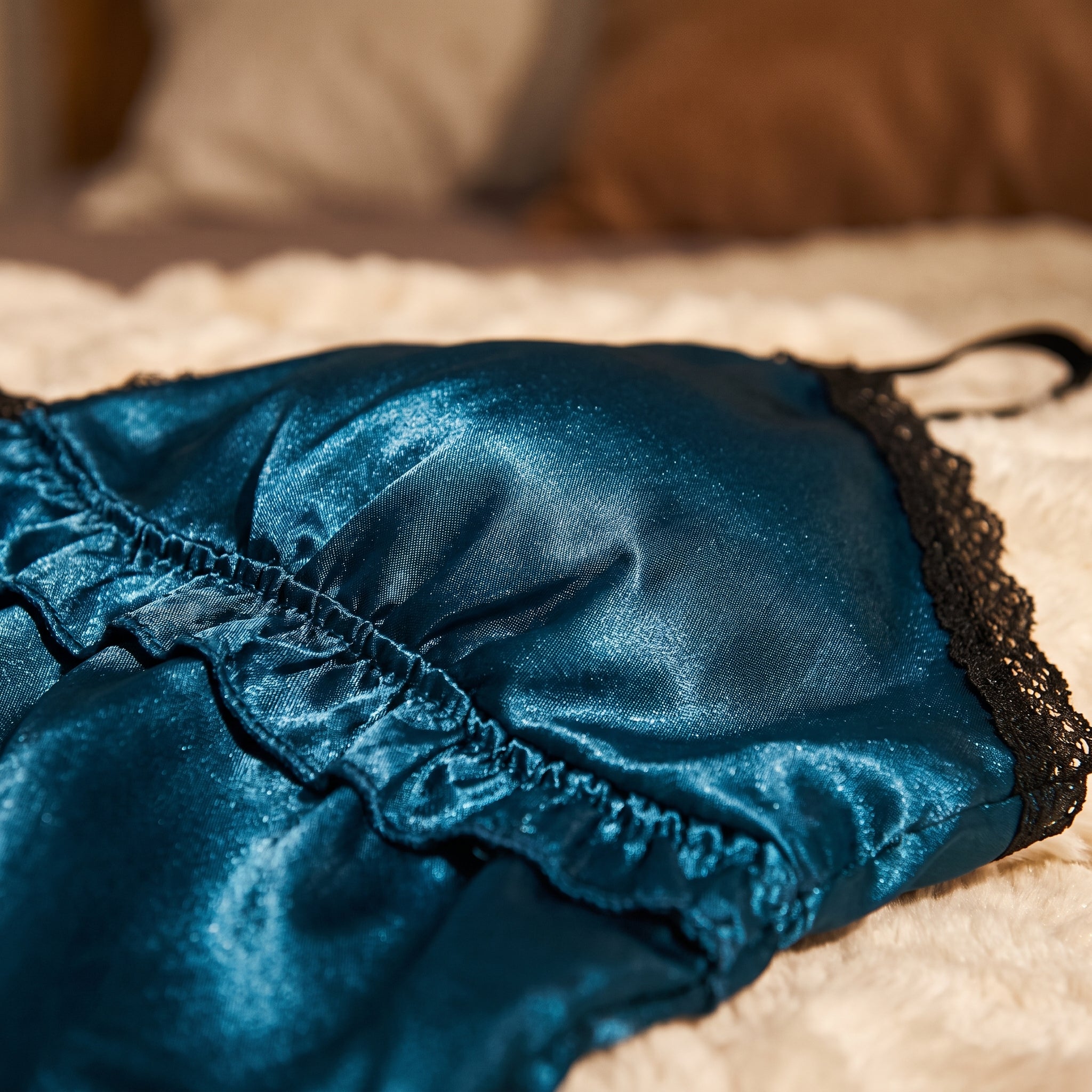 Gros plan sur la texture brillante du satin bleu canard et les volants fronces Image