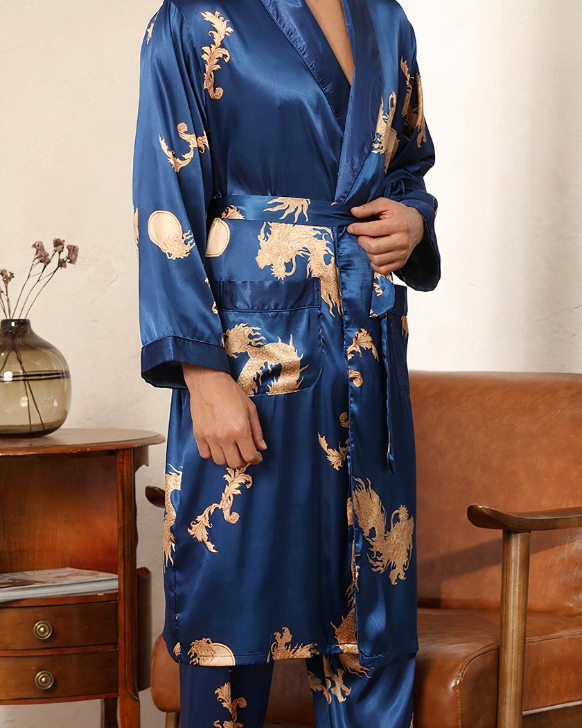 Peignoir Kimono Homme Satin Bleu à Dragon Doré