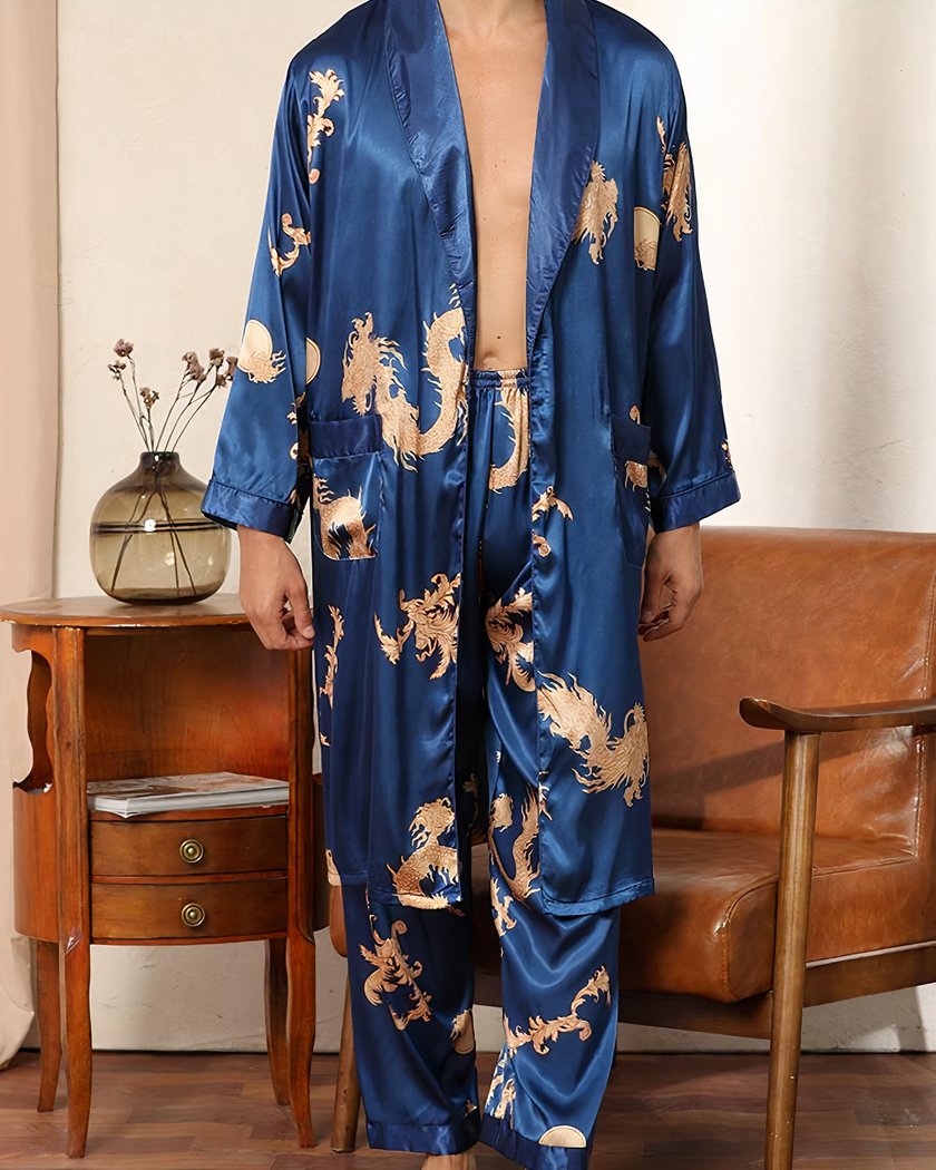 Peignoir Kimono Homme Satin Bleu à Dragon Doré