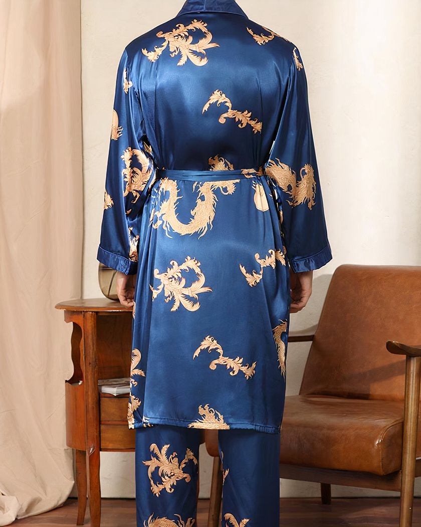 Peignoir Kimono Homme Satin Bleu à Dragon Doré