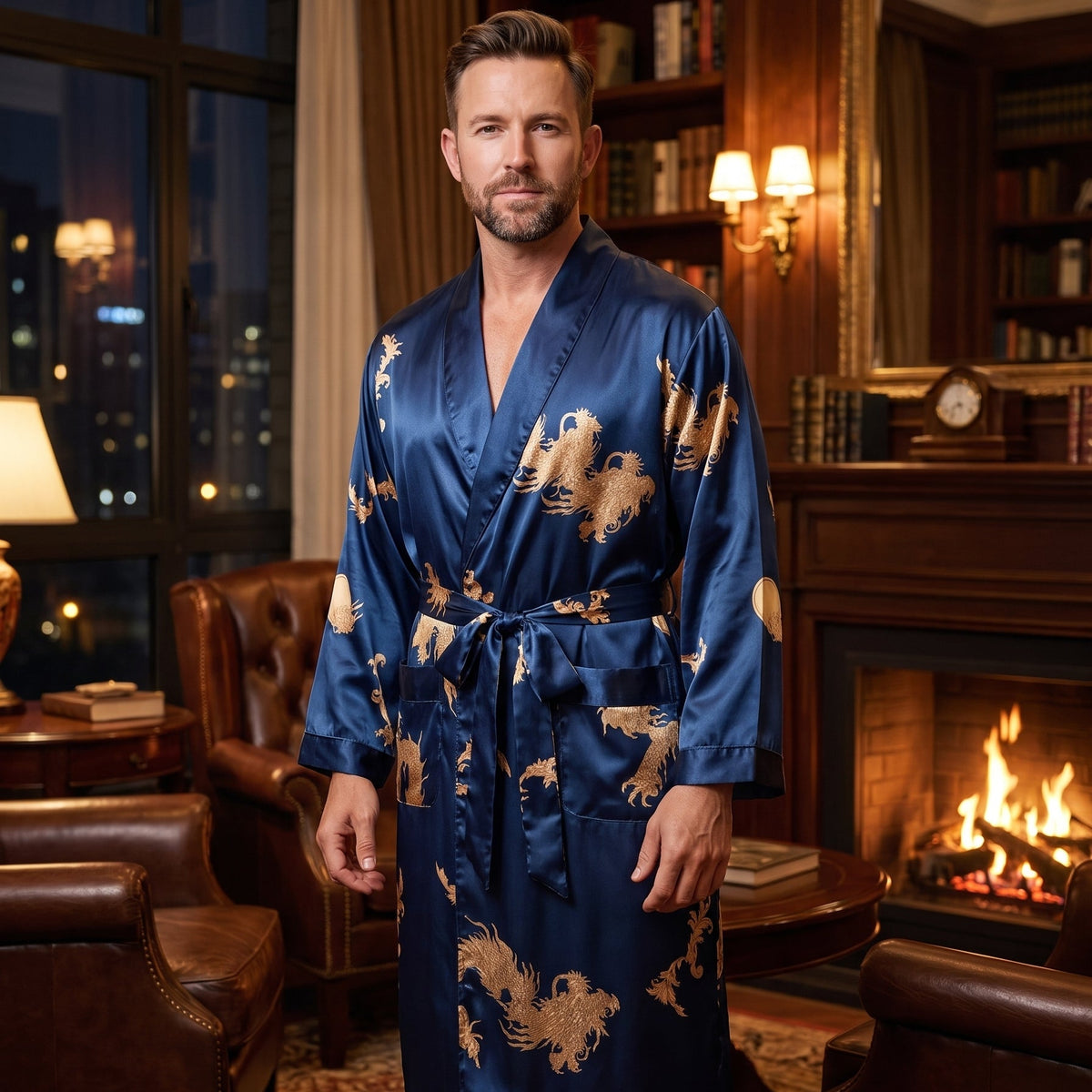 Le raffinement d'un imprimé dragon — Peignoir Kimono Homme Satin Bleu à Dragon Doré