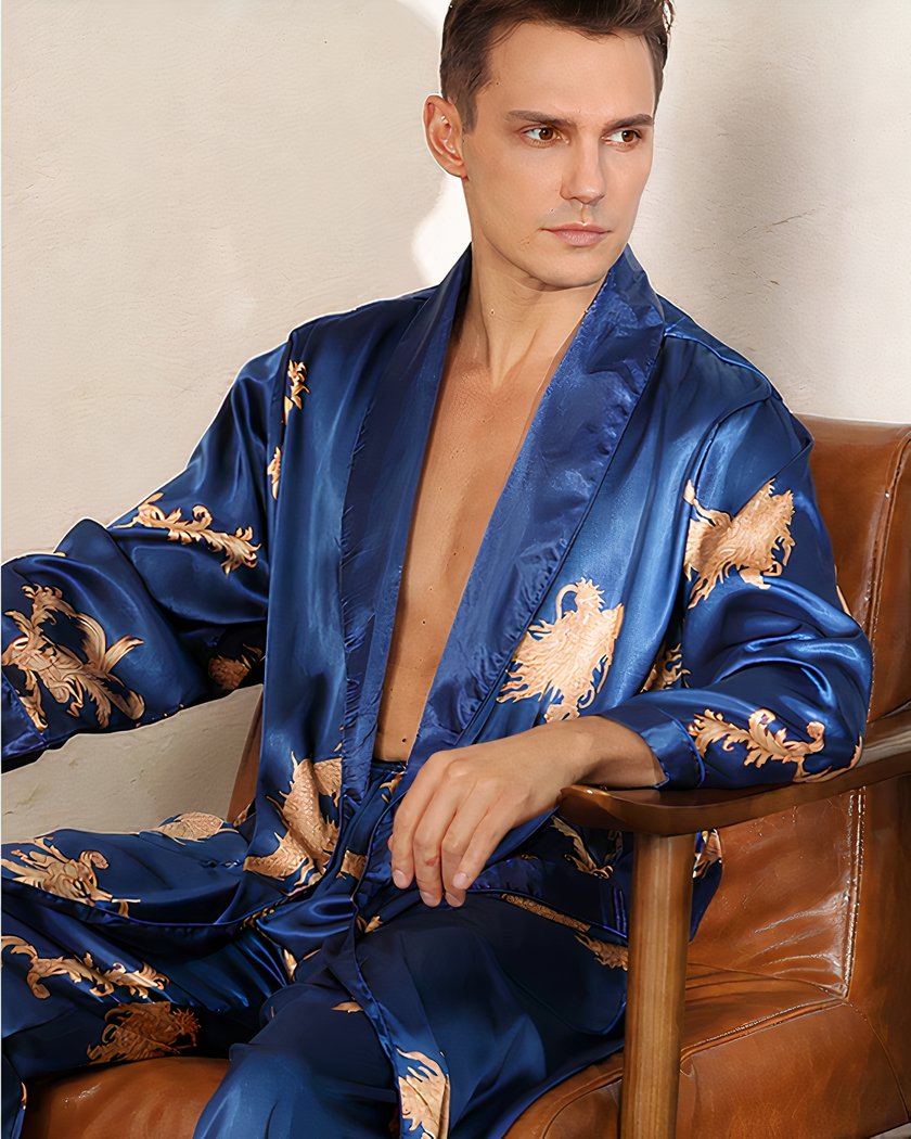 Peignoir Kimono Homme Satin Bleu à Dragon Doré