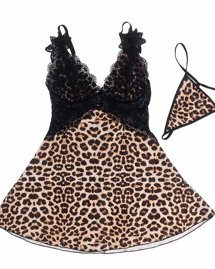 Nuisette Babydoll en Satin Imprimé Léopard