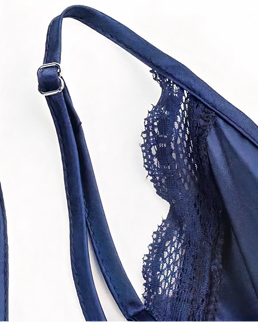 Nuisette Longue Bleu Marine en Satin et Organza