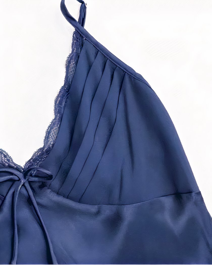 Nuisette Longue Bleu Marine en Satin et Organza
