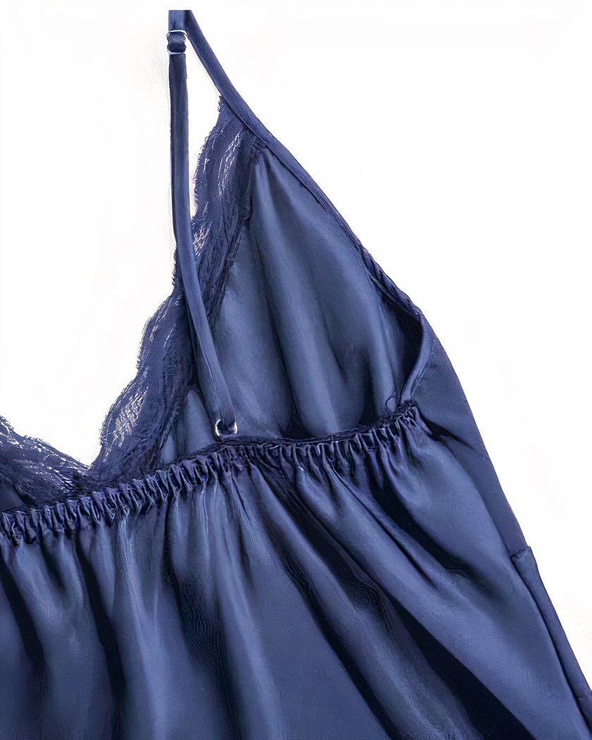 Nuisette Longue Bleu Marine en Satin et Organza