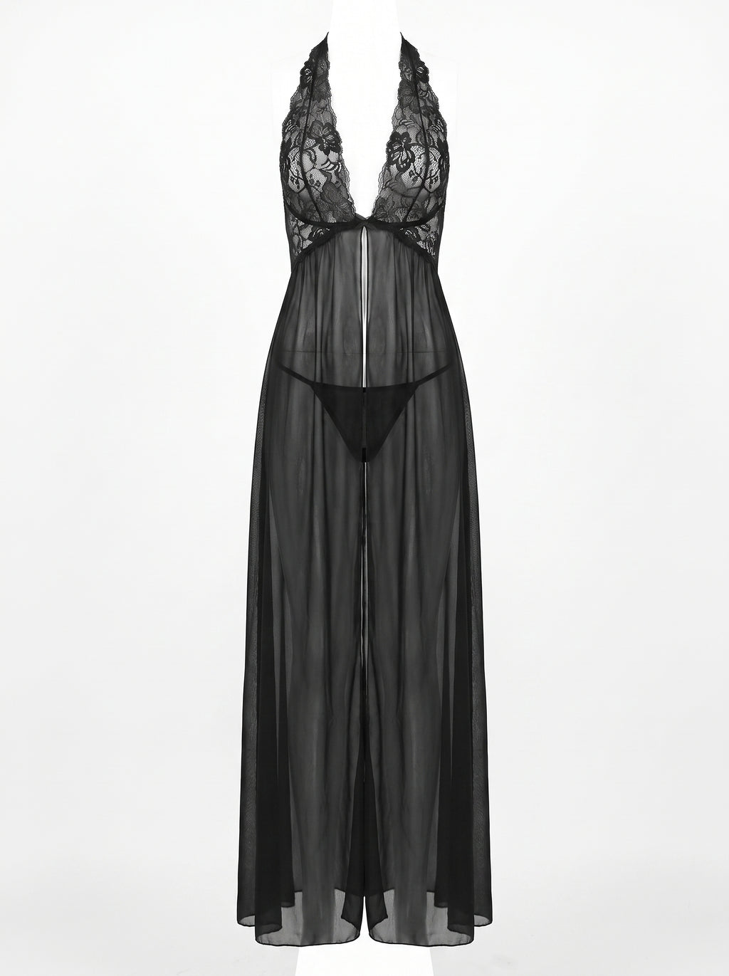 Nuisette longue noire en dentelle florale et voile transparent, effet mannequin fantome sur fond blanc