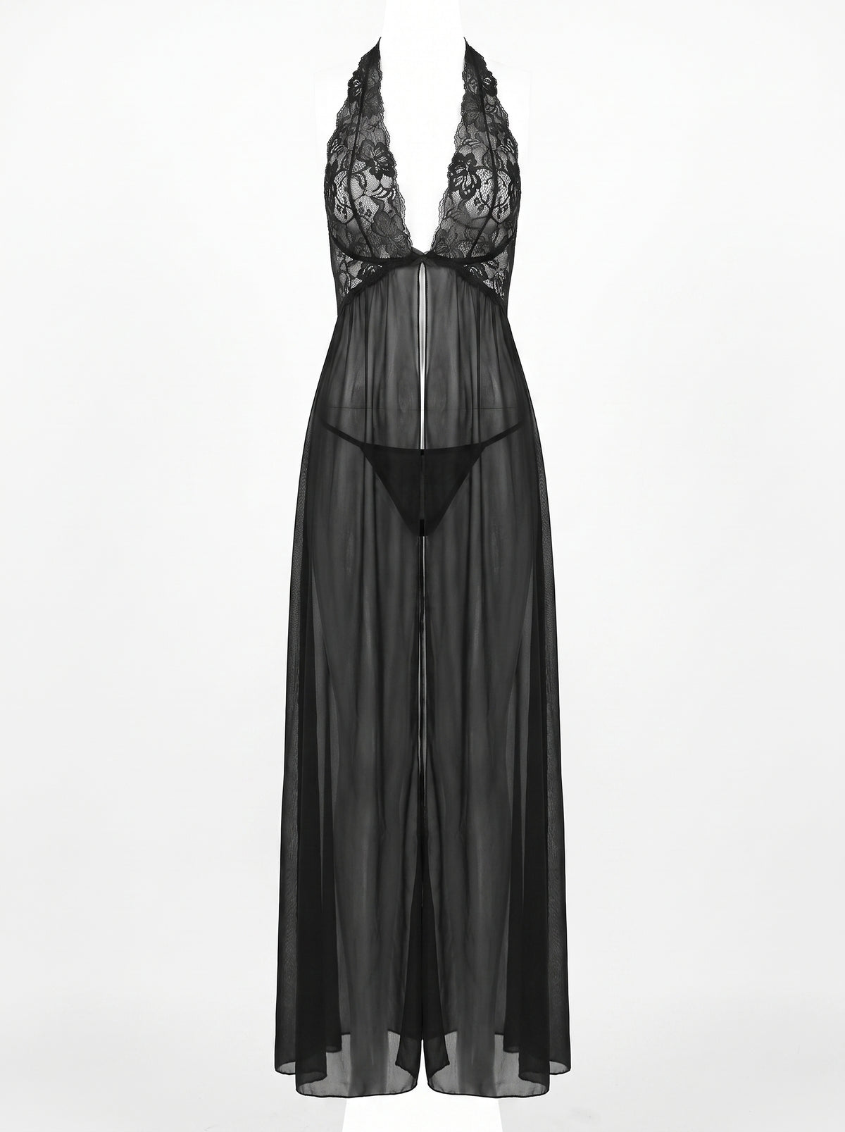 Nuisette longue noire en dentelle florale et voile transparent, effet mannequin fantome sur fond blanc