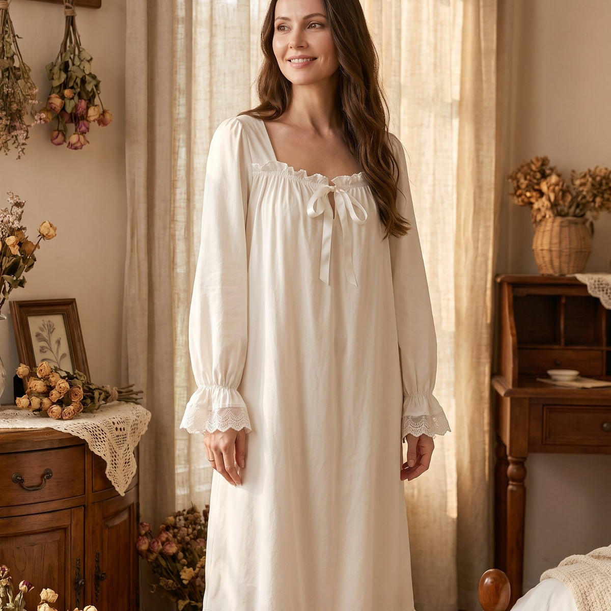 Le charme romantique d'antan — Nuisette longue romantique en dentelle
