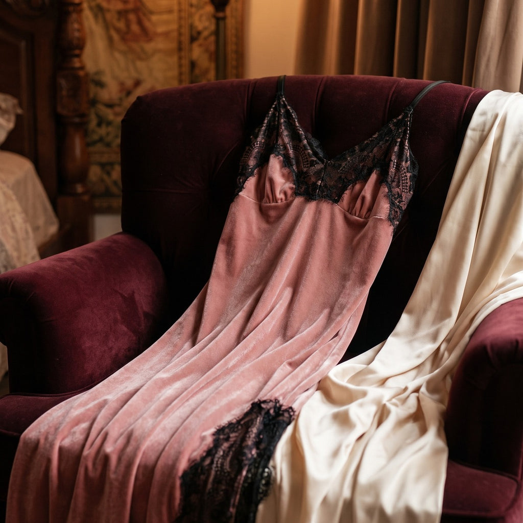 Nuisette longue en velours rose dans un décor boudoir intimiste, mise en scène élégante