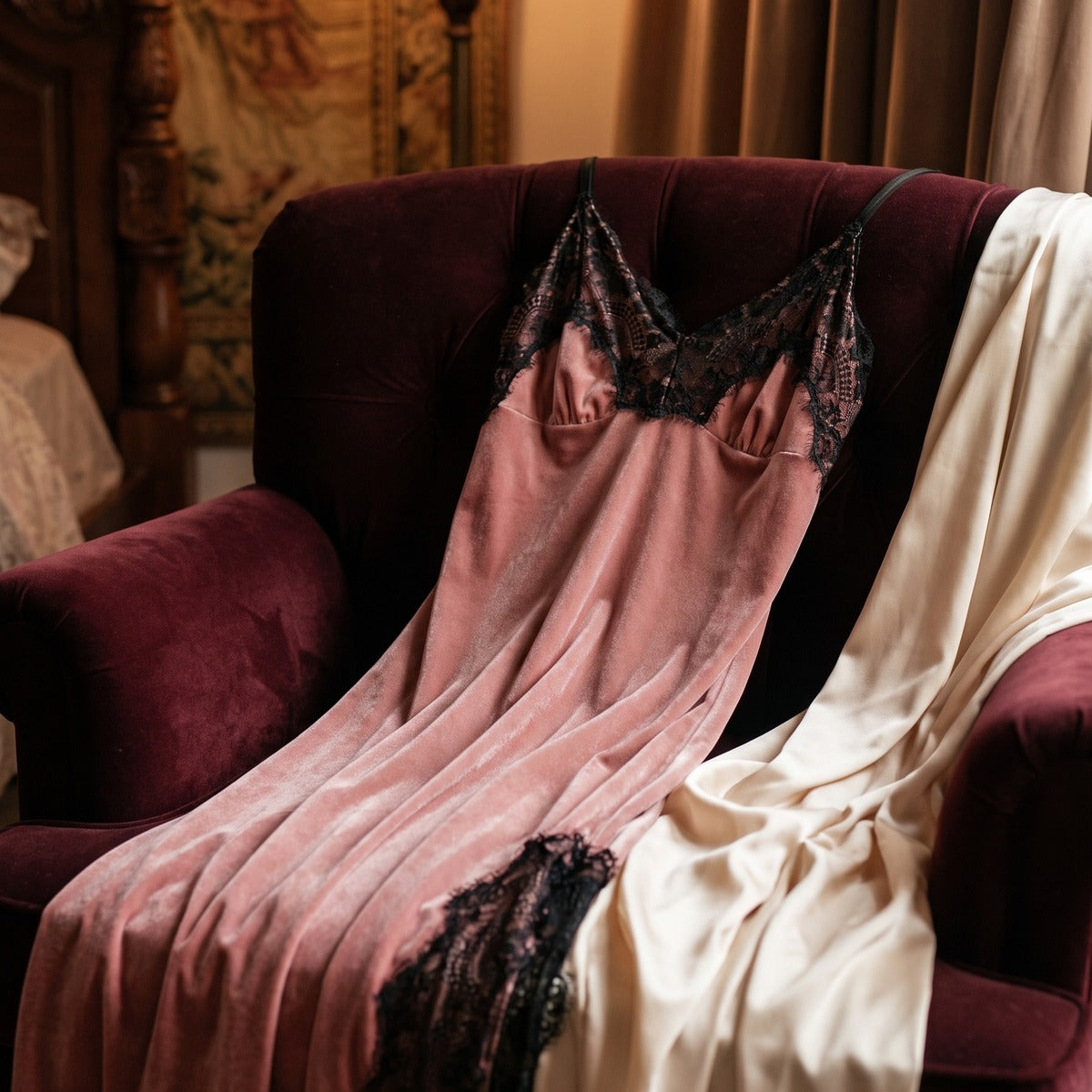 Nuisette longue en velours rose dans un décor boudoir intimiste, mise en scène élégante Image