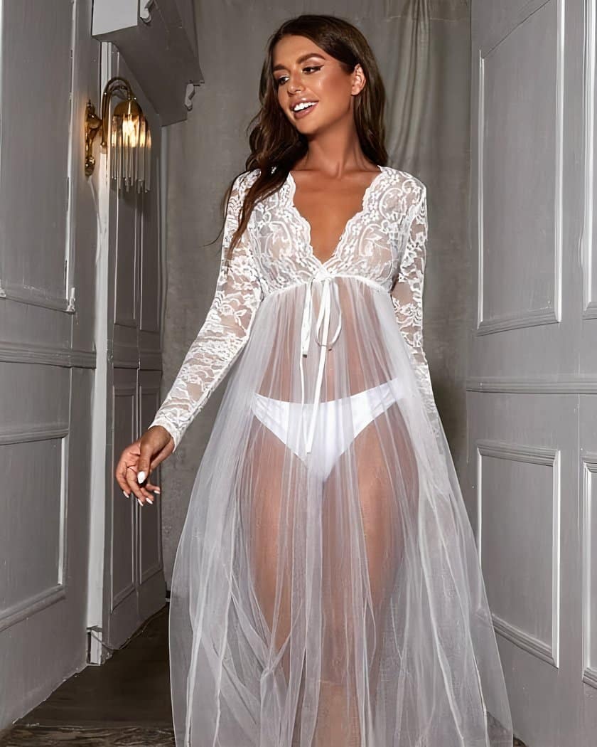 Nuisette Longue Transparente en Dentelle et Tulle