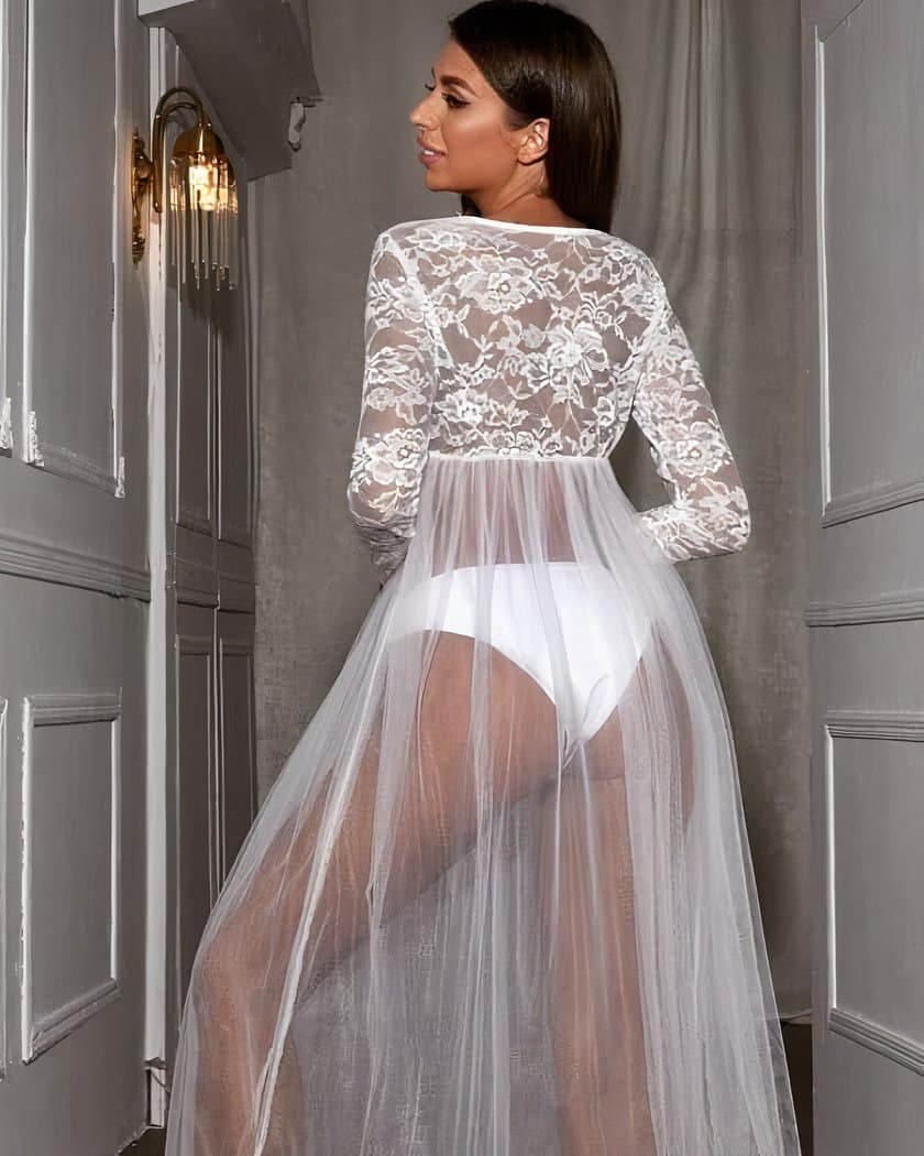 Nuisette Longue Transparente en Dentelle et Tulle