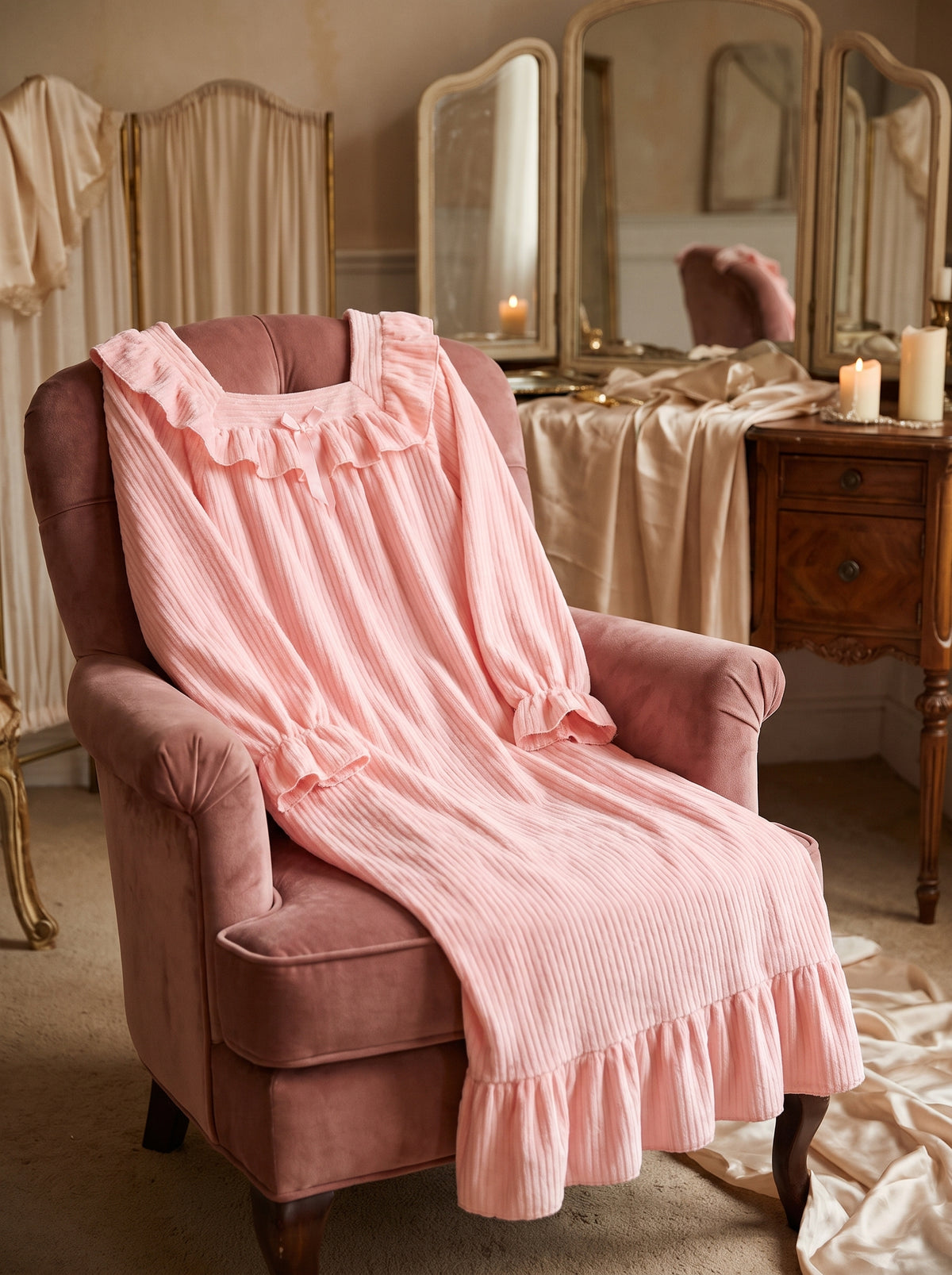 Nuisette longue rose en flanelle polaire posee sur un fauteuil dans un interieur boudoir