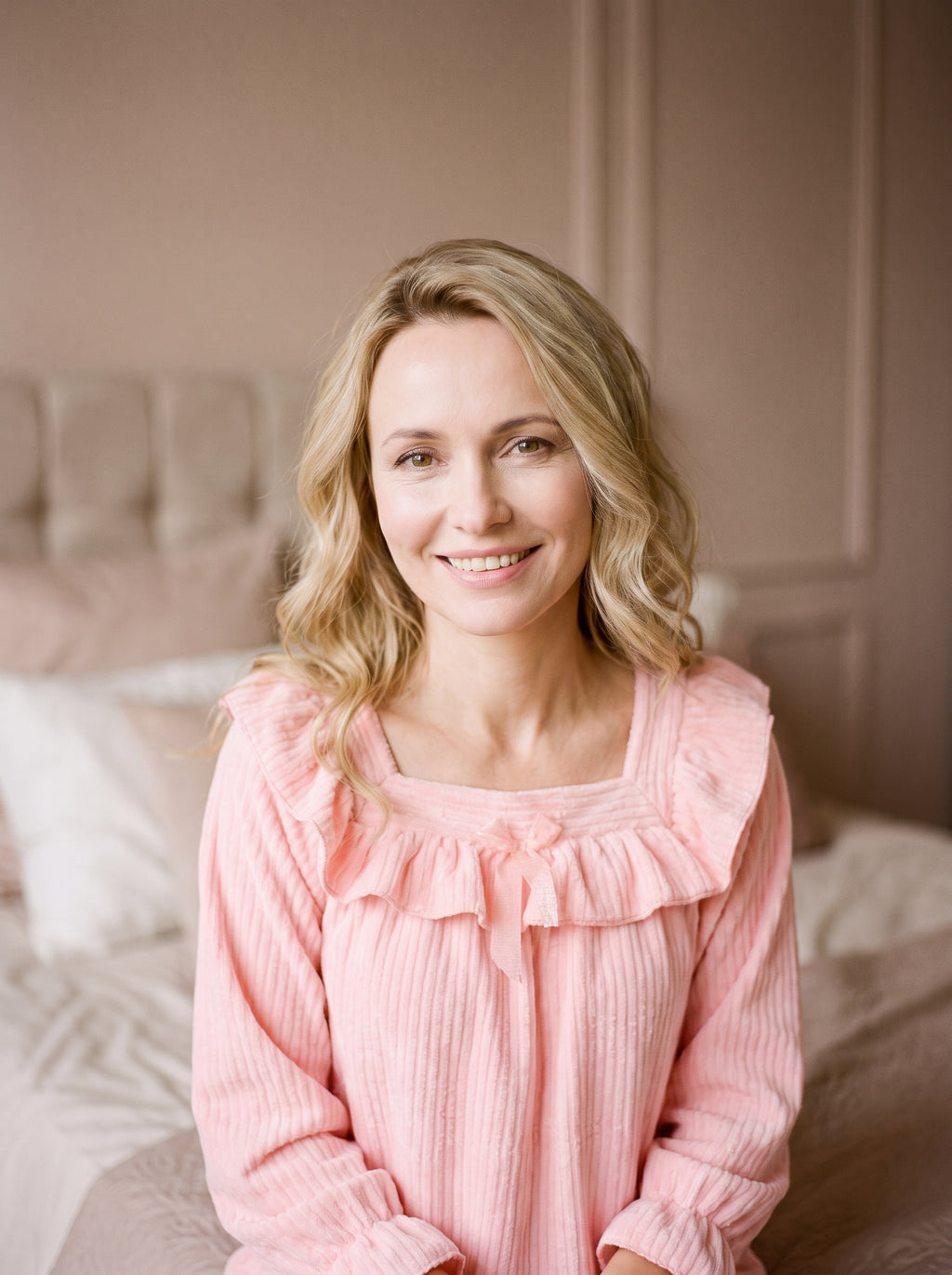 Femme blonde souriante portant la nuisette longue rose en flanelle polaire dans un boudoir