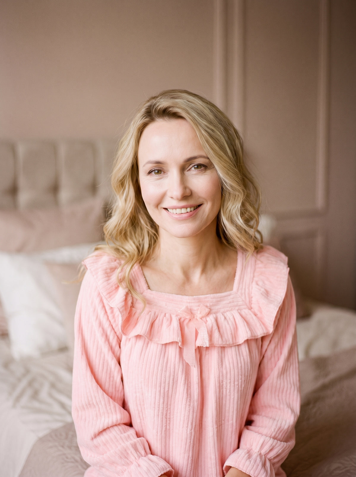Femme blonde souriante portant la nuisette longue rose en flanelle polaire dans un boudoir