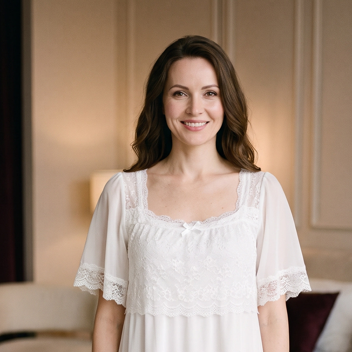 Modèle Nuisette souriant dans un boudoir avec la nuisette blanche Image