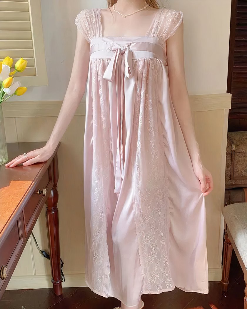 Nuisette Longue Vintage Rose en Dentelle