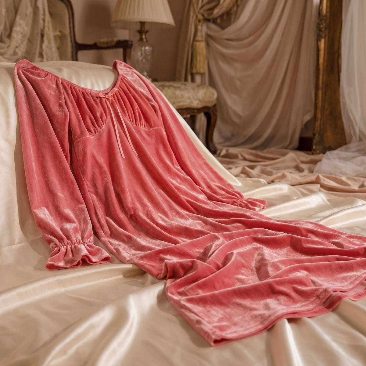 Nuisette rose en velours drapee sur un satin creme dans un decor boudoir Image