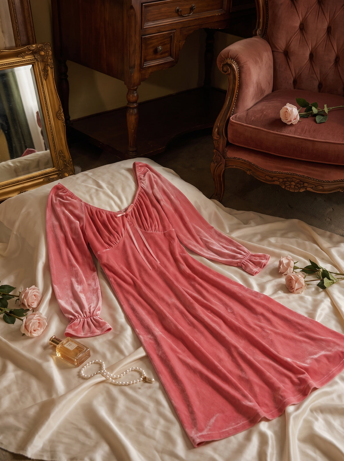 Mise en scene boudoir de la nuisette rose en velours drapee sur satin