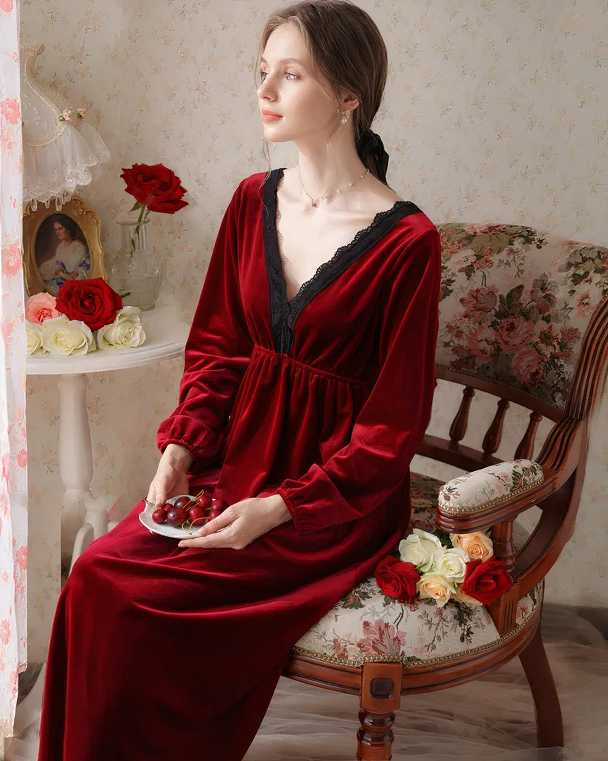 Femme assise portant la nuisette rouge longue dans un décor boudoir