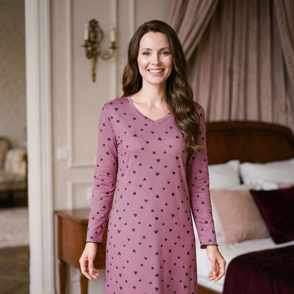 Femme souriante portant la chemise de nuit vieux rose à petits cœurs, manches longues aux poignets bordés de noir