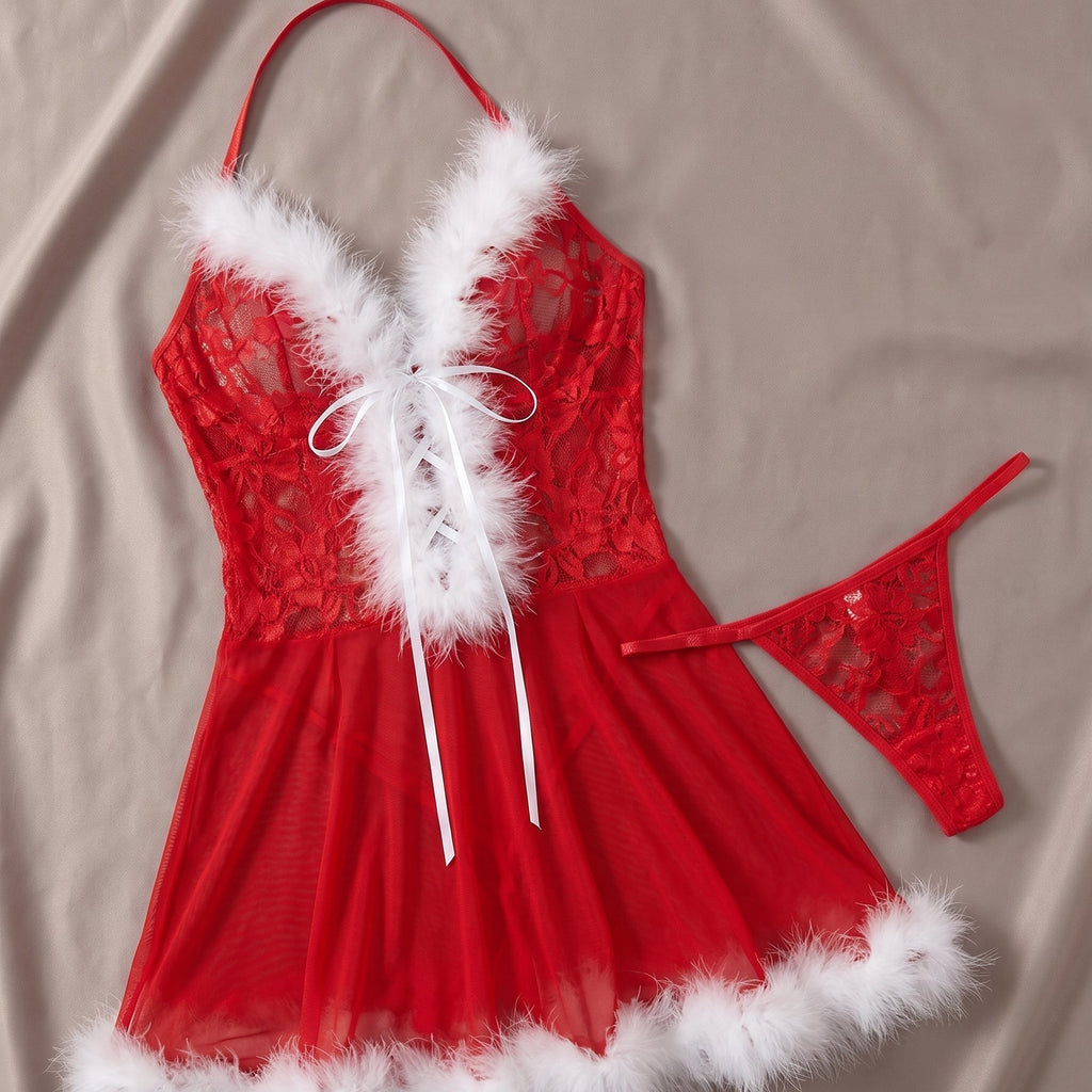 L'esprit de Noël en toute sensualité — Nuisette Babydoll Mère Noël Rouge en Dentelle