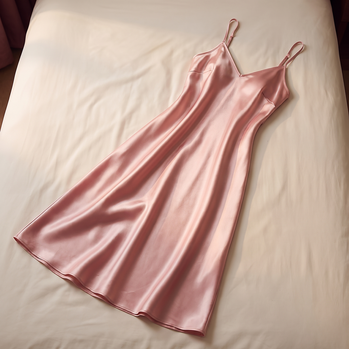 Nuisette longue satin rose posée sur un lit dans une chambre lumineuse