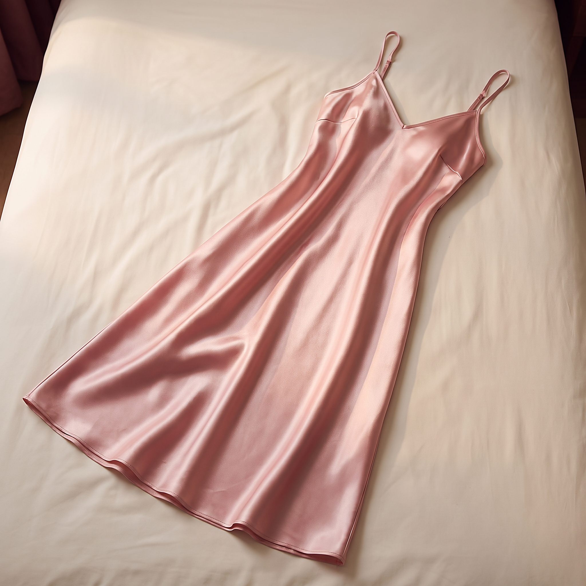 Nuisette longue satin rose posée sur un lit dans une chambre lumineuse Image