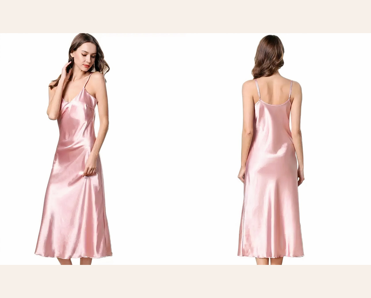 Vues fournisseur de face et de dos de la nuisette longue rose