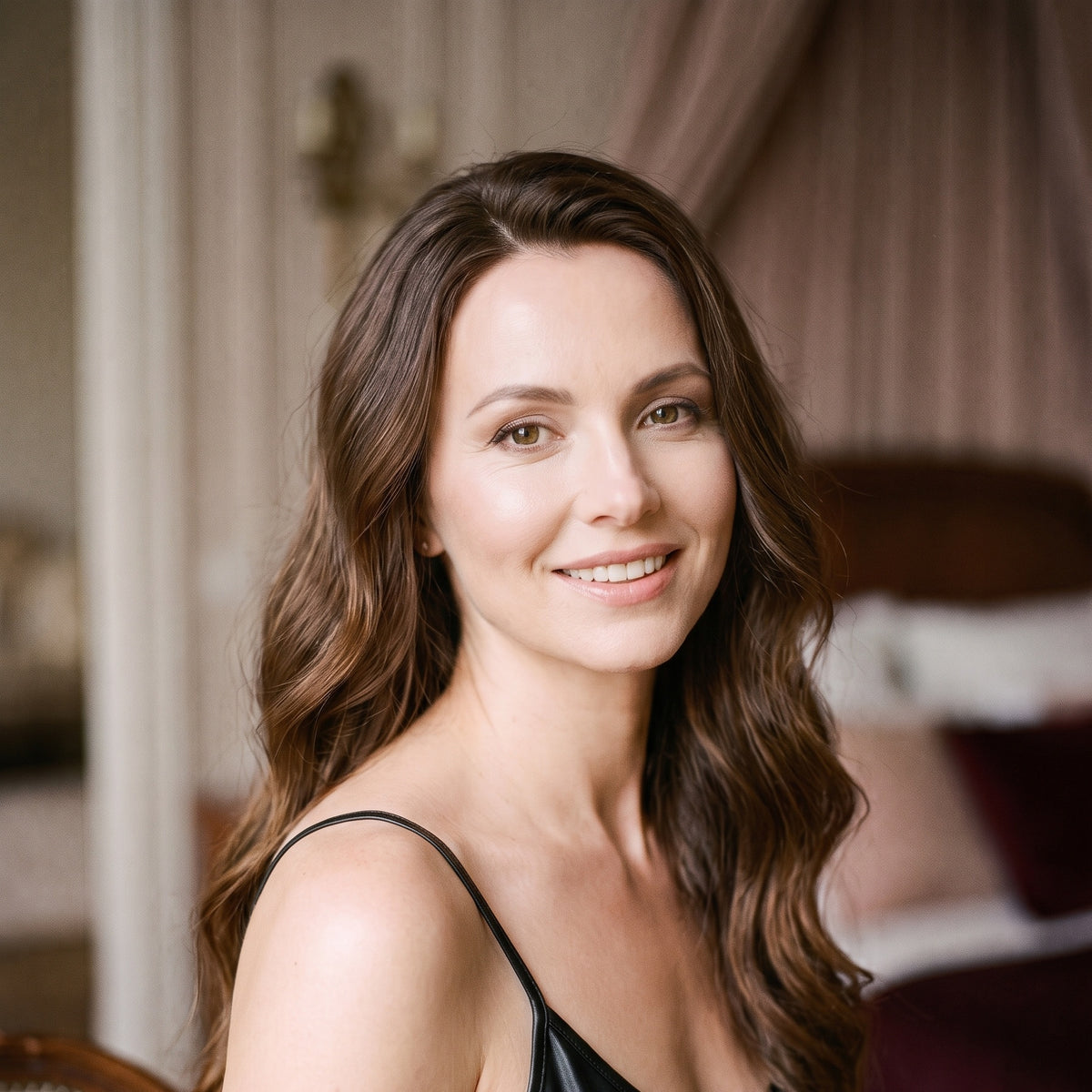 Femme souriante portant la nuisette moulante effet cuir noir, plan rapproche carre