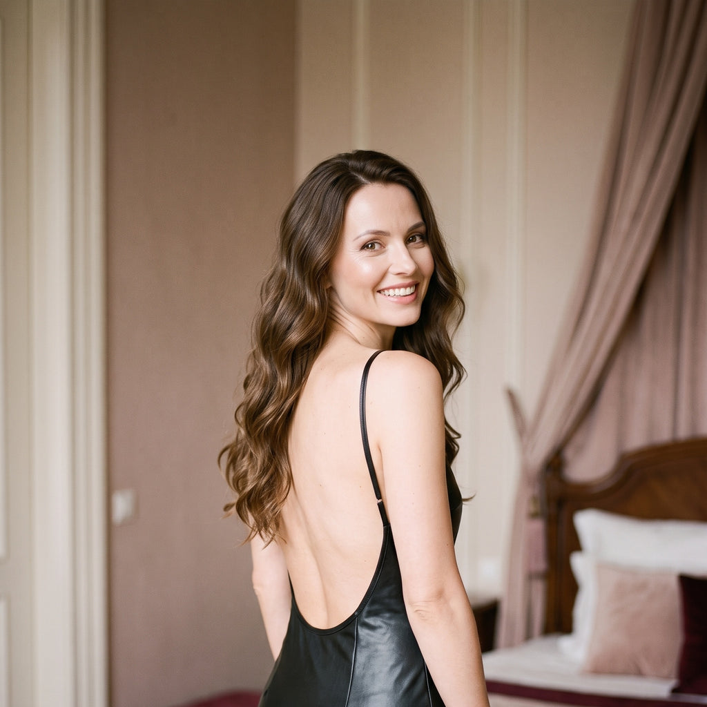 Femme souriante de trois-quarts portant la nuisette effet cuir, carre