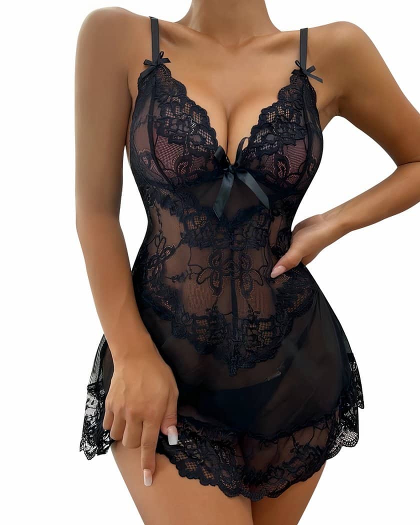Nuisette Sexy Noire en Dentelle et Voile Transparent